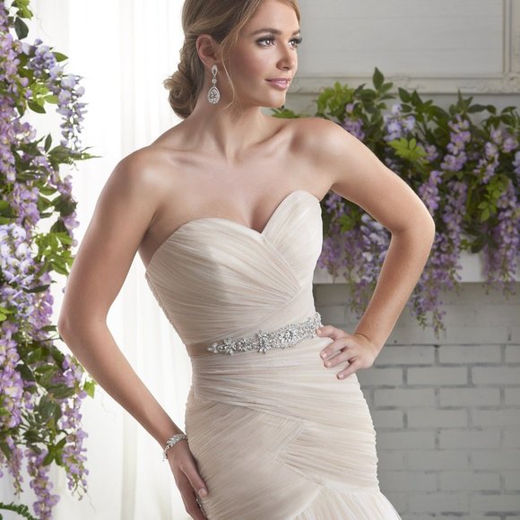 Sample Champagne Asymmetrical Ruched Fit & Flare Wedding Dress, Corset Laceup - Picture 2 of 12